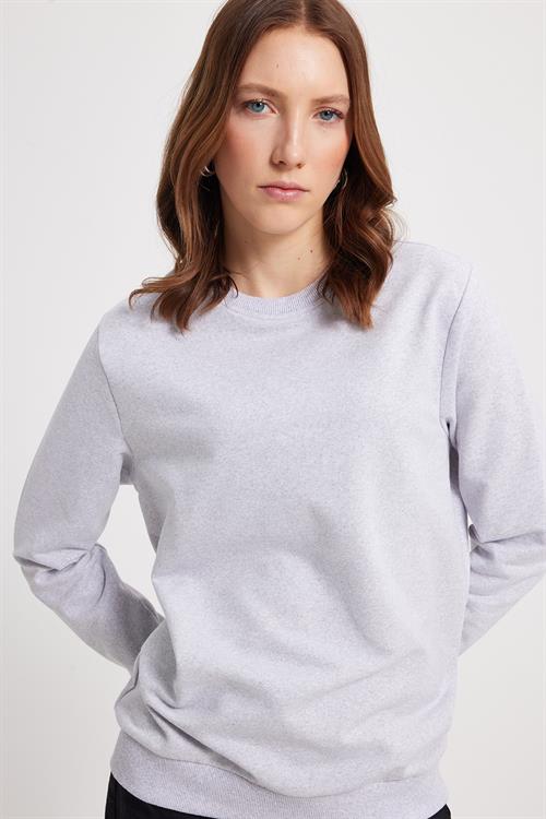 Kadın Oversize Geniş Kesim %100 Pamuk 2 İplik Bisiklet Yaka Gri Sweatshirt 