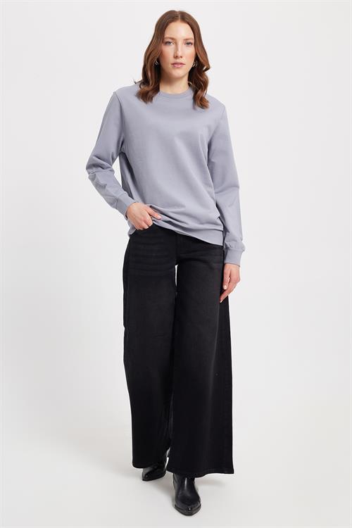 Kadın Oversize Geniş Kesim %100 Pamuk 2 İplik Bisiklet Yaka Açık Gri Sweatshirt 