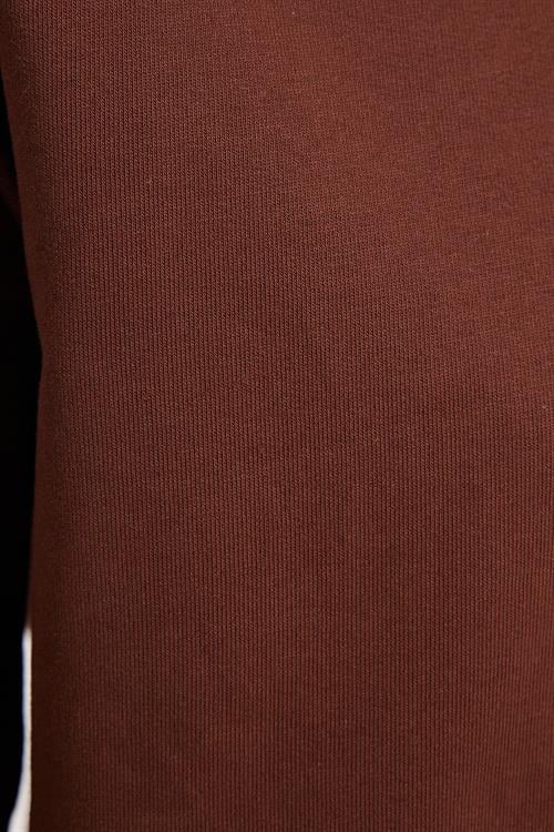 Kadın Oversize Geniş Kesim %100 Pamuk 2 İplik Bisiklet Yaka Kahverengi Sweatshirt 