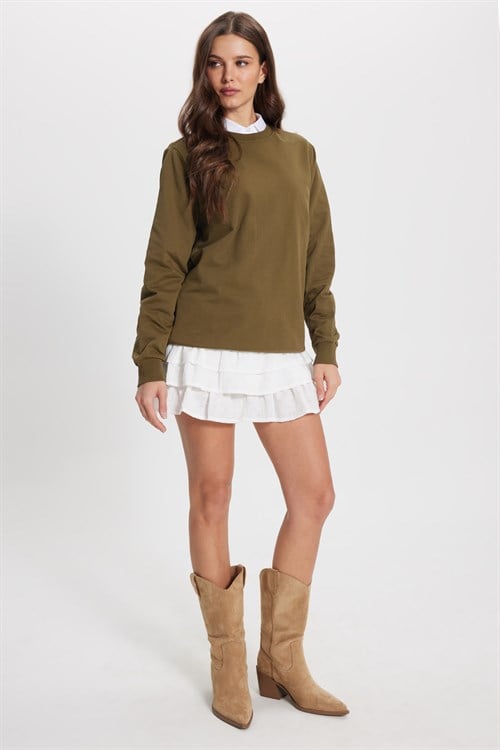 Kadın Oversize Geniş Kesim %100 Pamuk 2 İplik Bisiklet Yaka Haki Sweatshirt 
