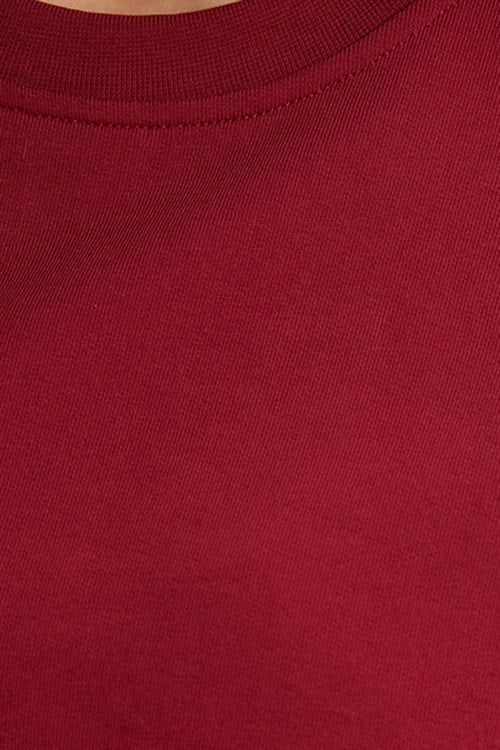 Kadın Oversize Geniş Kesim %100 Pamuk 2 İplik Bisiklet Yaka Bordo Sweatshirt 
