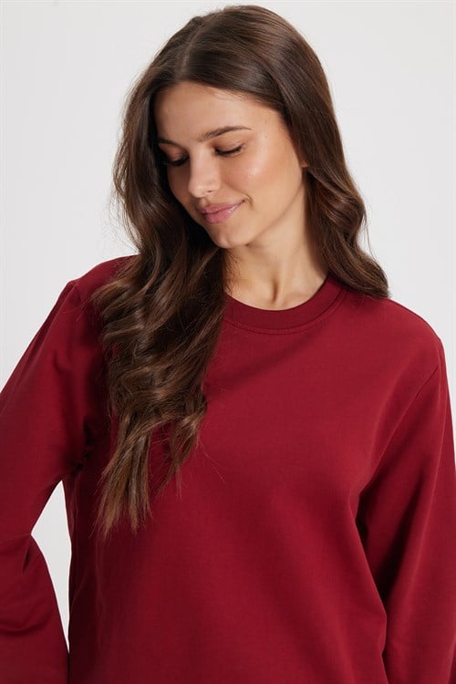 Kadın Oversize Geniş Kesim %100 Pamuk 2 İplik Bisiklet Yaka Bordo Sweatshirt 