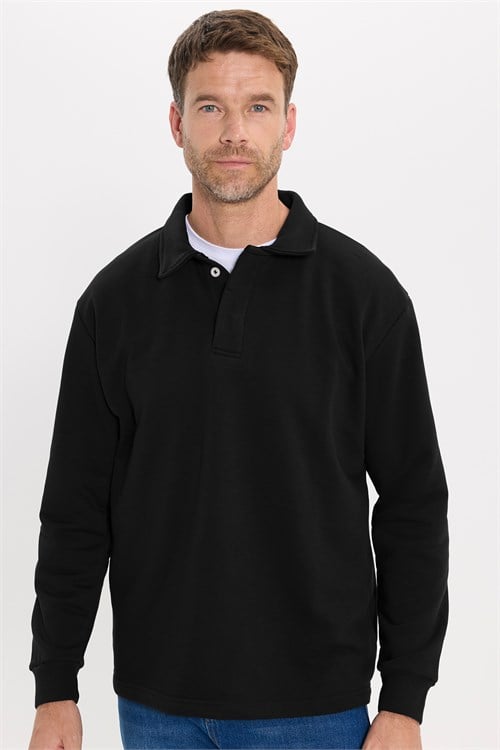 Erkek Relax Fit Rahat Kesim Pamuklu Yumuşak Dokulu 3 İplik Siyah Polo Yaka Sweatshirt