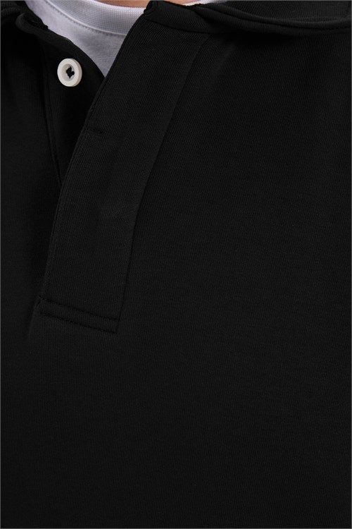 Erkek Relax Fit Rahat Kesim Pamuklu Yumuşak Dokulu 3 İplik Siyah Polo Yaka Sweatshirt