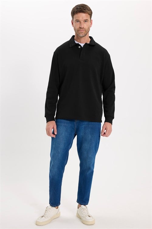 Erkek Relax Fit Rahat Kesim Pamuklu Yumuşak Dokulu 3 İplik Siyah Polo Yaka Sweatshirt