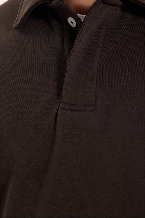Erkek Relax Fit Rahat Kesim Pamuklu Yumuşak Dokulu 3 İplik Kahverengi Polo Yaka Sweatshirt