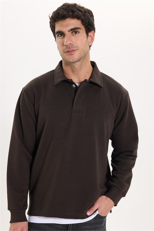 Erkek Relax Fit Rahat Kesim Pamuklu Yumuşak Dokulu 3 İplik Kahverengi Polo Yaka Sweatshirt