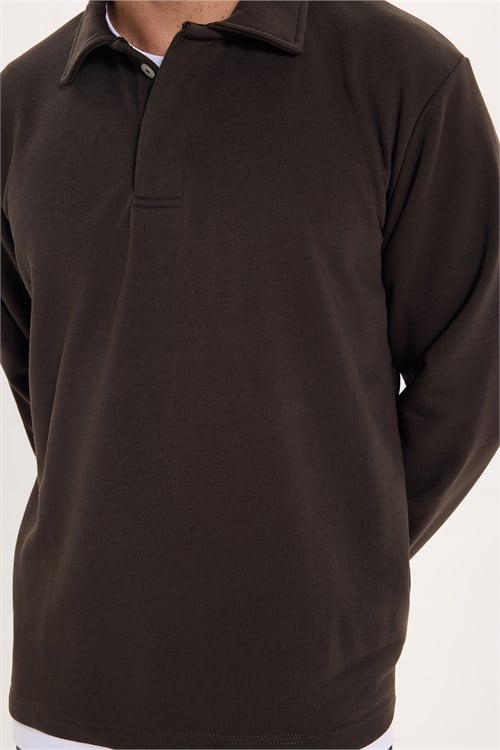 Erkek Relax Fit Rahat Kesim Pamuklu Yumuşak Dokulu 3 İplik Kahverengi Polo Yaka Sweatshirt