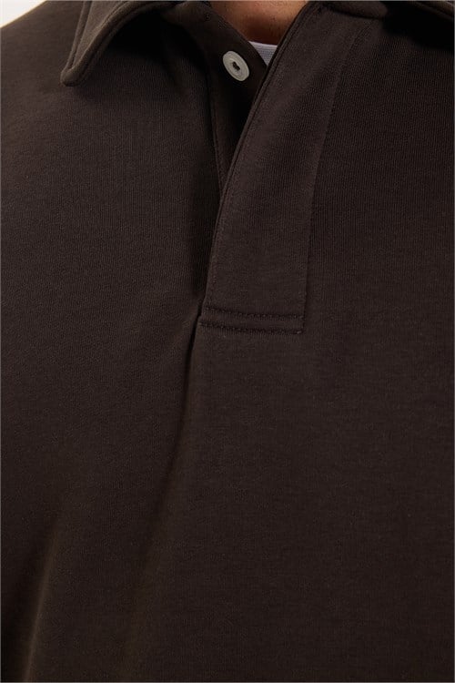 Erkek Relax Fit Rahat Kesim Pamuklu Yumuşak Dokulu 3 İplik Kahverengi Polo Yaka Sweatshirt