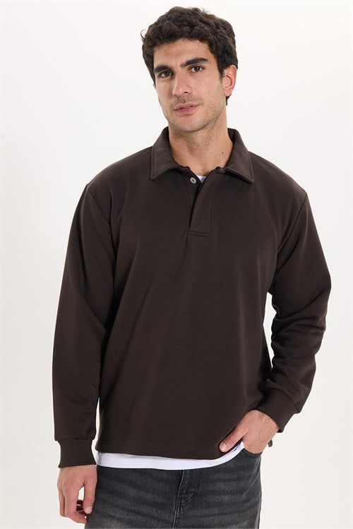 Erkek Relax Fit Rahat Kesim Pamuklu Yumuşak Dokulu 3 İplik Kahverengi Polo Yaka Sweatshirt