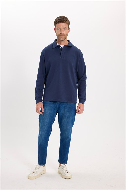 Erkek Relax Fit Rahat Kesim Pamuklu Yumuşak Dokulu 3 İplik Lacivert Polo Yaka Sweatshirt