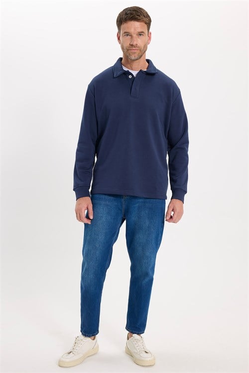 Erkek Relax Fit Rahat Kesim Pamuklu Yumuşak Dokulu 3 İplik Lacivert Polo Yaka Sweatshirt