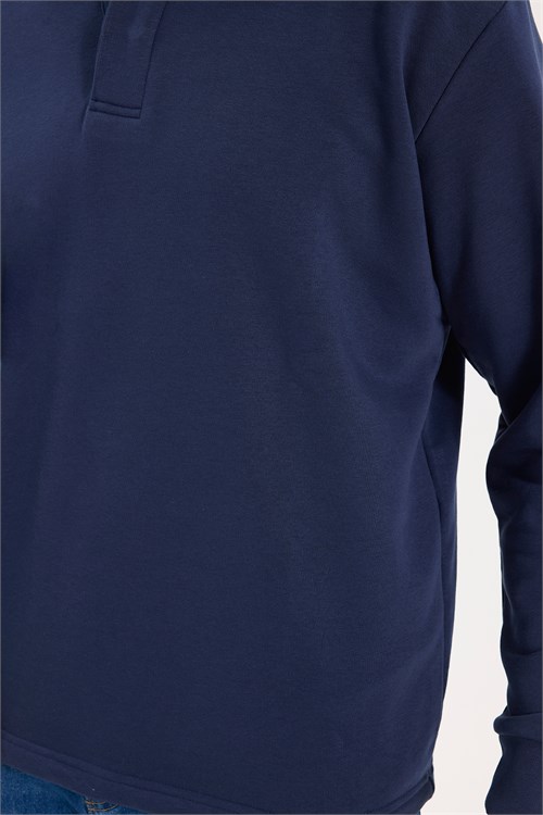 Erkek Relax Fit Rahat Kesim Pamuklu Yumuşak Dokulu 3 İplik Lacivert Polo Yaka Sweatshirt