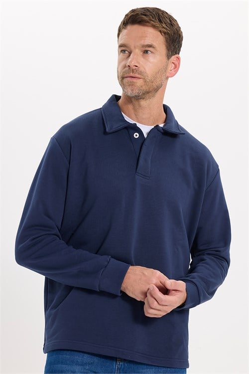 Erkek Relax Fit Rahat Kesim Pamuklu Yumuşak Dokulu 3 İplik Lacivert Polo Yaka Sweatshirt