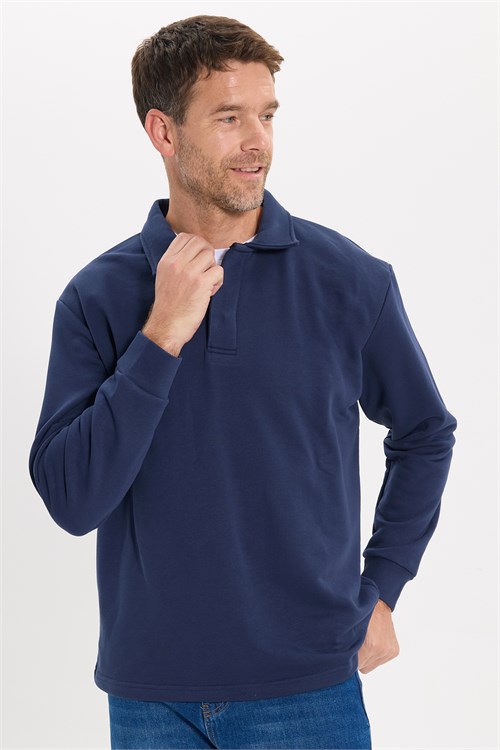 Erkek Relax Fit Rahat Kesim Pamuklu Yumuşak Dokulu 3 İplik Lacivert Polo Yaka Sweatshirt