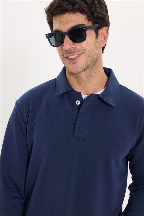 Erkek Relax Fit Rahat Kesim Pamuklu Yumuşak Dokulu 3 İplik Lacivert Polo Yaka Sweatshirt