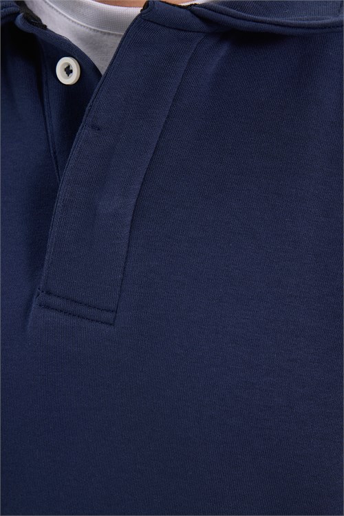 Erkek Relax Fit Rahat Kesim Pamuklu Yumuşak Dokulu 3 İplik Lacivert Polo Yaka Sweatshirt