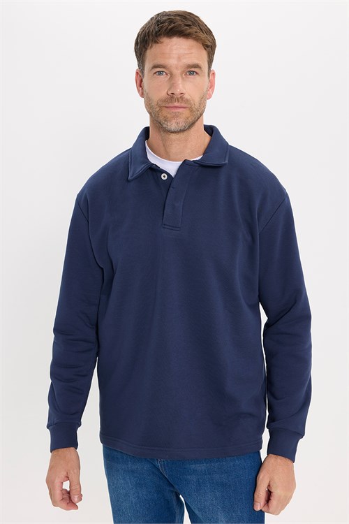 Erkek Relax Fit Rahat Kesim Pamuklu Yumuşak Dokulu 3 İplik Lacivert Polo Yaka Sweatshirt