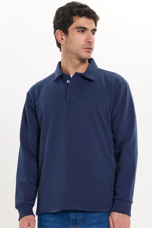 Erkek Relax Fit Rahat Kesim Pamuklu Yumuşak Dokulu 3 İplik Lacivert Polo Yaka Sweatshirt