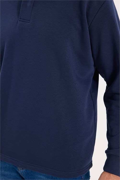 Erkek Relax Fit Rahat Kesim Pamuklu Yumuşak Dokulu 3 İplik Lacivert Polo Yaka Sweatshirt