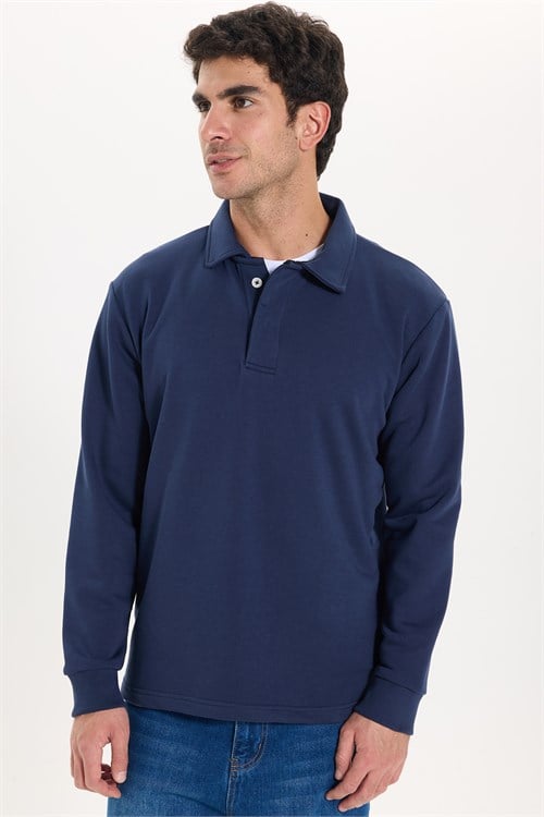 Erkek Relax Fit Rahat Kesim Pamuklu Yumuşak Dokulu 3 İplik Lacivert Polo Yaka Sweatshirt