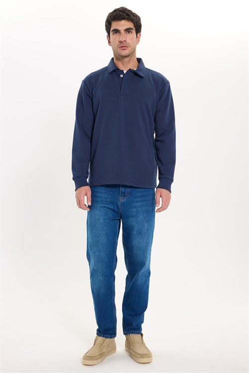 Erkek Relax Fit Rahat Kesim Pamuklu Yumuşak Dokulu 3 İplik Lacivert Polo Yaka Sweatshirt