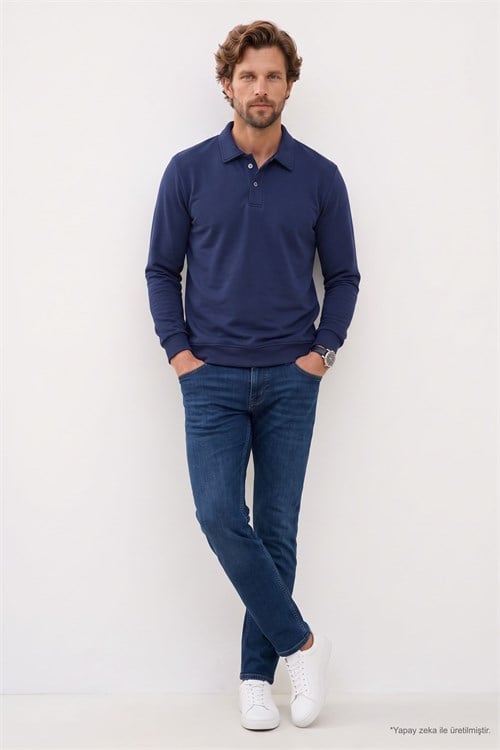 Erkek Relax Fit Rahat Kesim Pamuklu Yumuşak Dokulu 3 İplik Lacivert Polo Yaka Sweatshirt