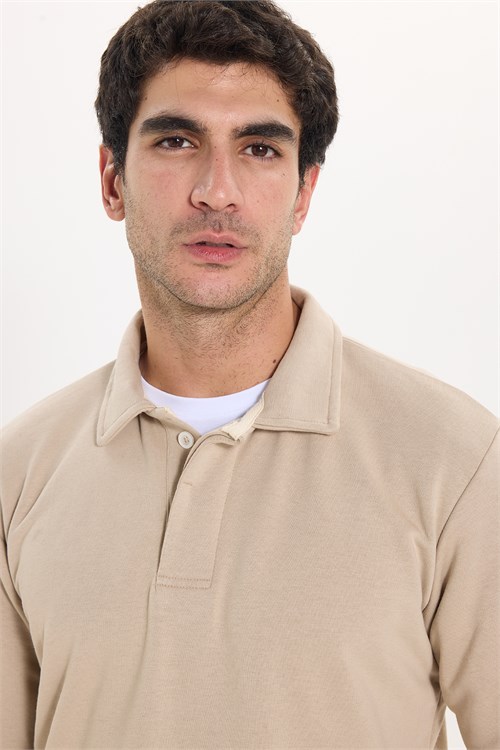 Erkek Relax Fit Rahat Kesim Pamuklu Yumuşak Dokulu 3 İplik Taş Polo Yaka Sweatshirt