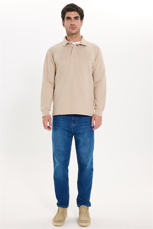 Erkek Relax Fit Rahat Kesim Pamuklu Yumuşak Dokulu 3 İplik Taş Polo Yaka Sweatshirt