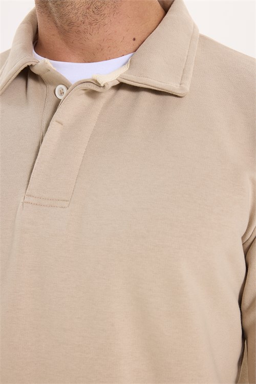Erkek Relax Fit Rahat Kesim Pamuklu Yumuşak Dokulu 3 İplik Taş Polo Yaka Sweatshirt