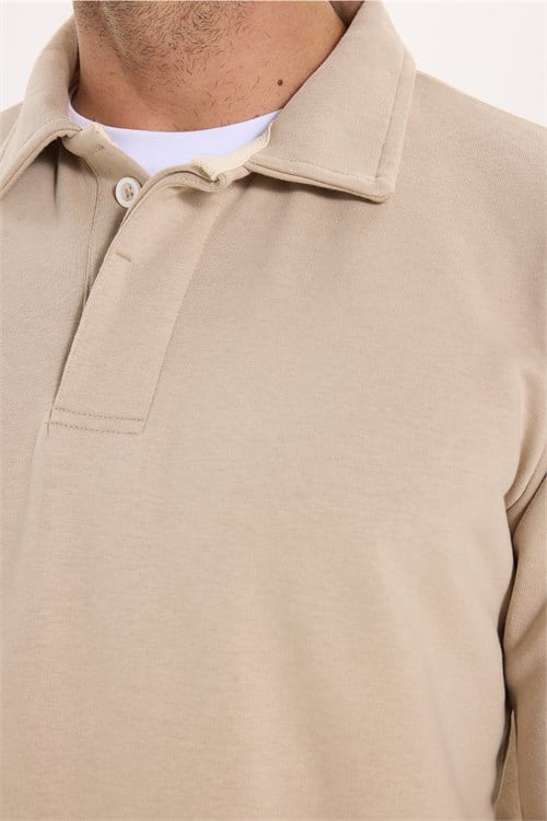 Erkek Relax Fit Rahat Kesim Pamuklu Yumuşak Dokulu 3 İplik Taş Polo Yaka Sweatshirt