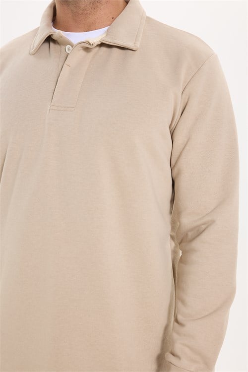 Erkek Relax Fit Rahat Kesim Pamuklu Yumuşak Dokulu 3 İplik Taş Polo Yaka Sweatshirt
