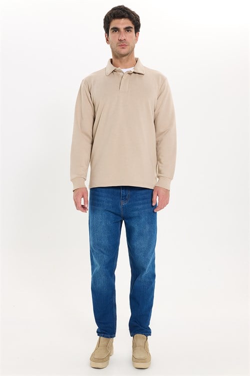 Erkek Relax Fit Rahat Kesim Pamuklu Yumuşak Dokulu 3 İplik Taş Polo Yaka Sweatshirt