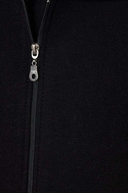 Kadın Oversize Geniş Kesim %100 Pamuk Kapüşonlu Fermuarlı Cepli Siyah Sweatshirt