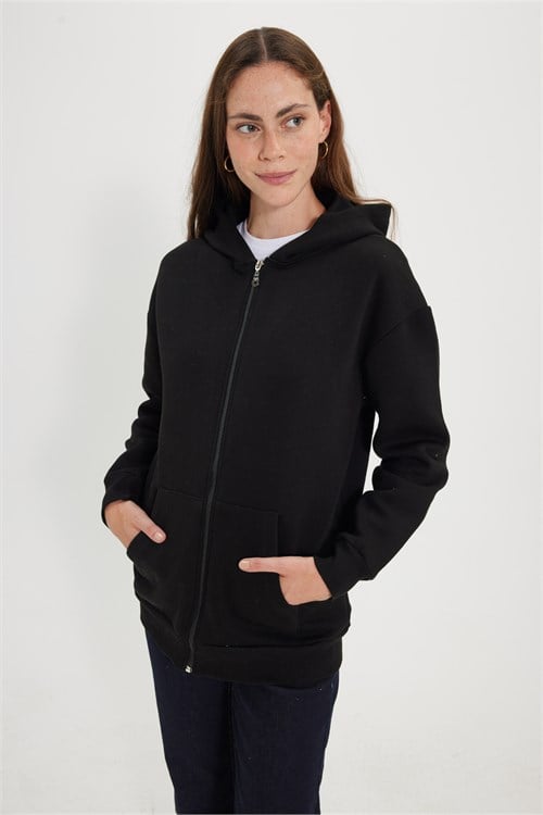 Kadın Oversize Geniş Kesim %100 Pamuk Kapüşonlu Fermuarlı Cepli Siyah Sweatshirt