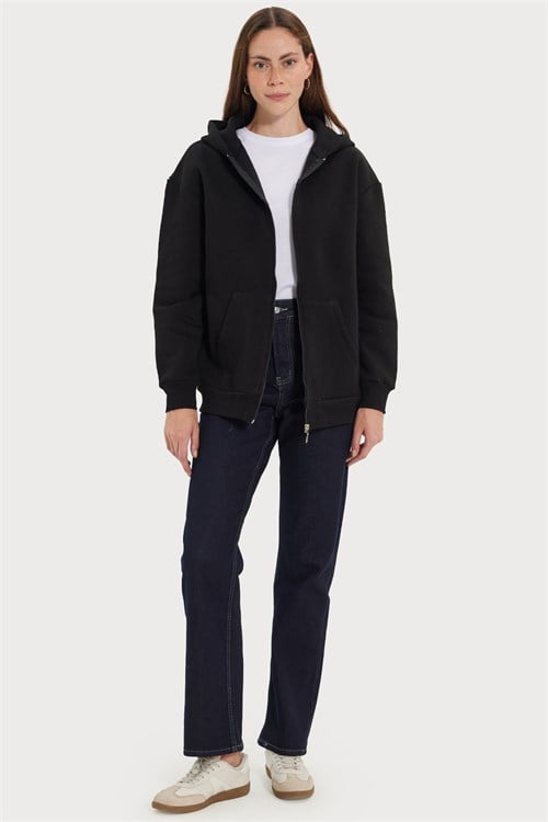 Kadın Oversize Geniş Kesim %100 Pamuk Kapüşonlu Fermuarlı Cepli Siyah Sweatshirt