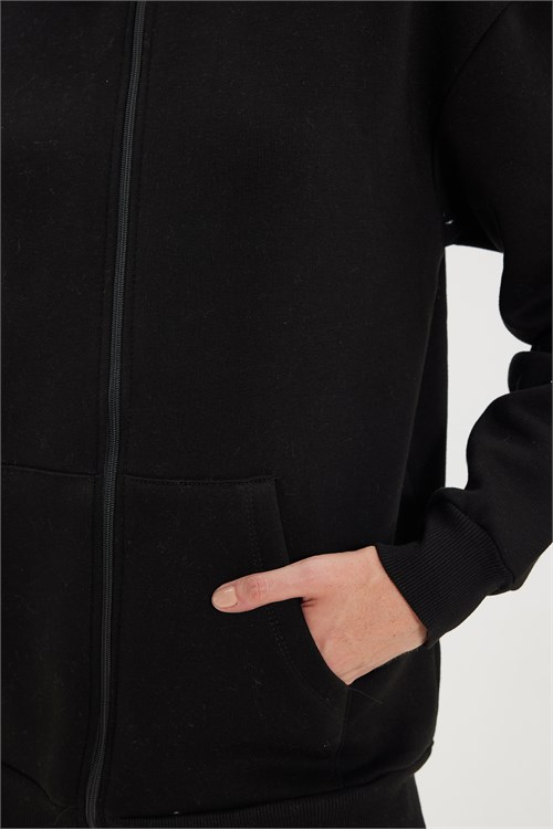 Kadın Oversize Geniş Kesim %100 Pamuk Kapüşonlu Fermuarlı Cepli Siyah Sweatshirt