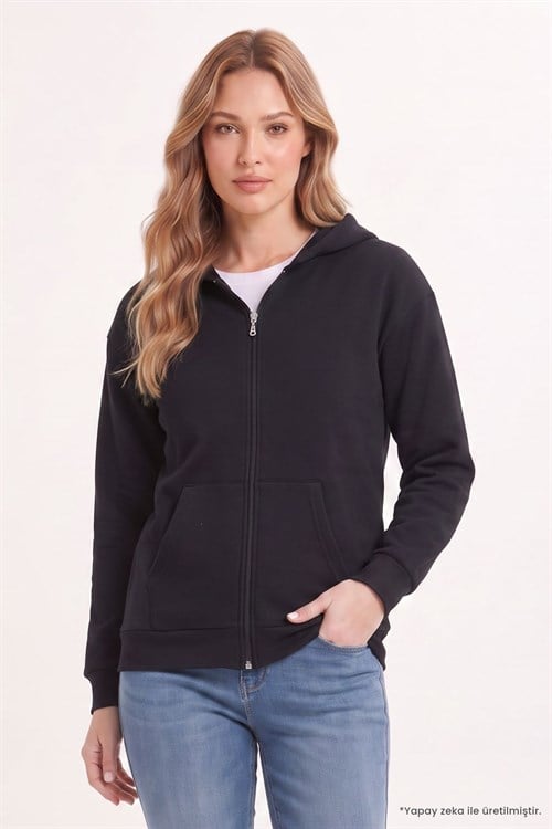 Kadın Oversize Geniş Kesim %100 Pamuk Kapüşonlu Fermuarlı Cepli Siyah Sweatshirt