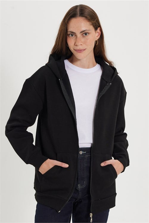 Kadın Oversize Geniş Kesim %100 Pamuk Kapüşonlu Fermuarlı Cepli Siyah Sweatshirt