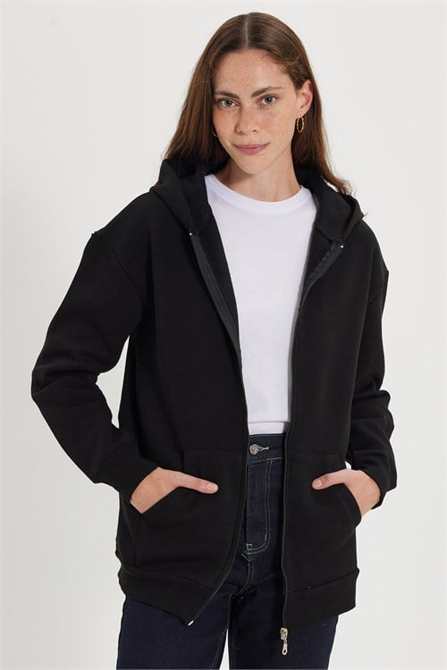 Kadın Oversize Geniş Kesim %100 Pamuk Kapüşonlu Fermuarlı Cepli Siyah Sweatshirt