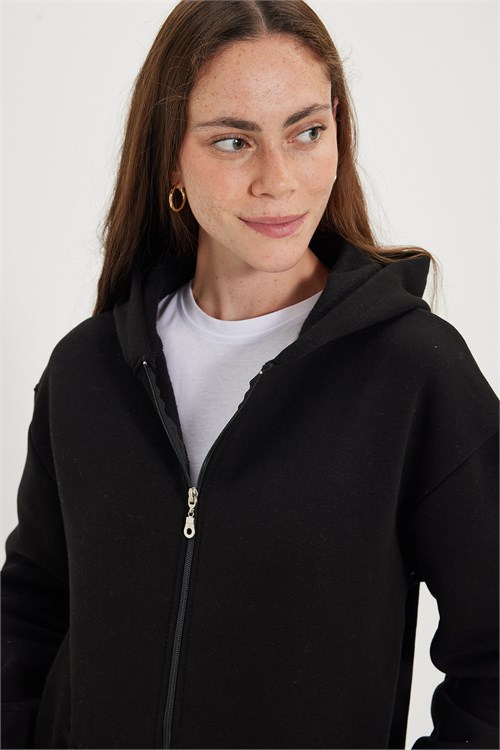 Kadın Oversize Geniş Kesim %100 Pamuk Kapüşonlu Fermuarlı Cepli Siyah Sweatshirt
