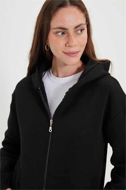 Kadın Oversize Geniş Kesim %100 Pamuk Kapüşonlu Fermuarlı Cepli Siyah Sweatshirt