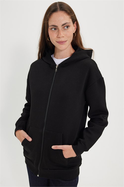 Kadın Oversize Geniş Kesim %100 Pamuk Kapüşonlu Fermuarlı Cepli Siyah Sweatshirt
