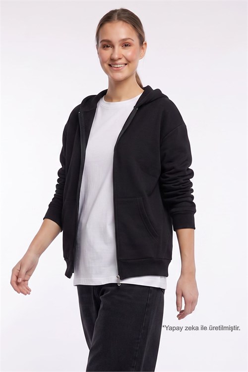 Kadın Oversize Geniş Kesim %100 Pamuk Kapüşonlu Fermuarlı Cepli Siyah Sweatshirt