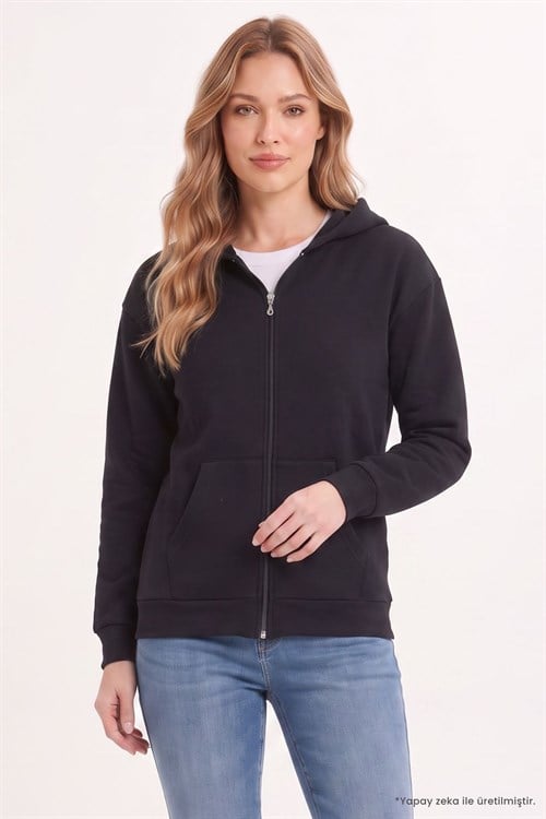 Kadın Oversize Geniş Kesim %100 Pamuk Kapüşonlu Fermuarlı Cepli Siyah Sweatshirt