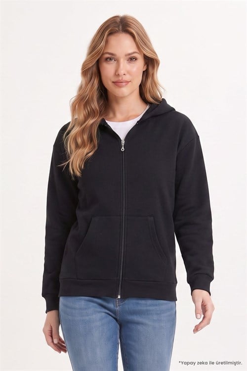 Kadın Oversize Geniş Kesim %100 Pamuk Kapüşonlu Fermuarlı Cepli Siyah Sweatshirt
