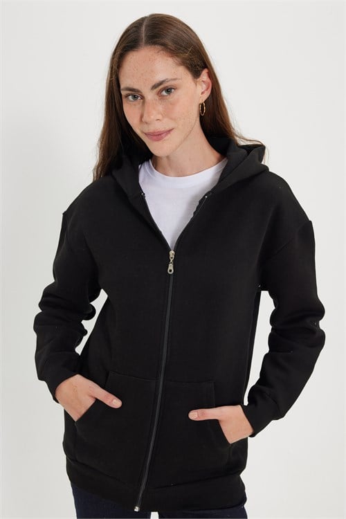 Kadın Oversize Geniş Kesim %100 Pamuk Kapüşonlu Fermuarlı Cepli Siyah Sweatshirt
