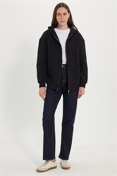 Kadın Oversize Geniş Kesim %100 Pamuk Kapüşonlu Fermuarlı Cepli Siyah Sweatshirt