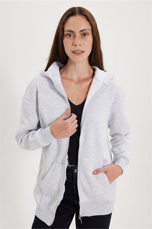 Kadın Oversize Geniş Kesim %100 Pamuk Kapüşonlu Fermuarlı Cepli Gri Sweatshirt