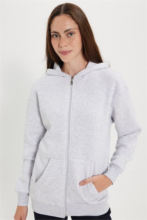 Kadın Oversize Geniş Kesim %100 Pamuk Kapüşonlu Fermuarlı Cepli Gri Sweatshirt